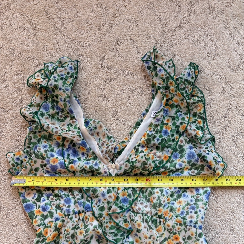 ZARA Floral Chiffon Midi Dress Green Yellow Ruffle Slit Size Small Romantic EUC - Picture 10 of 11